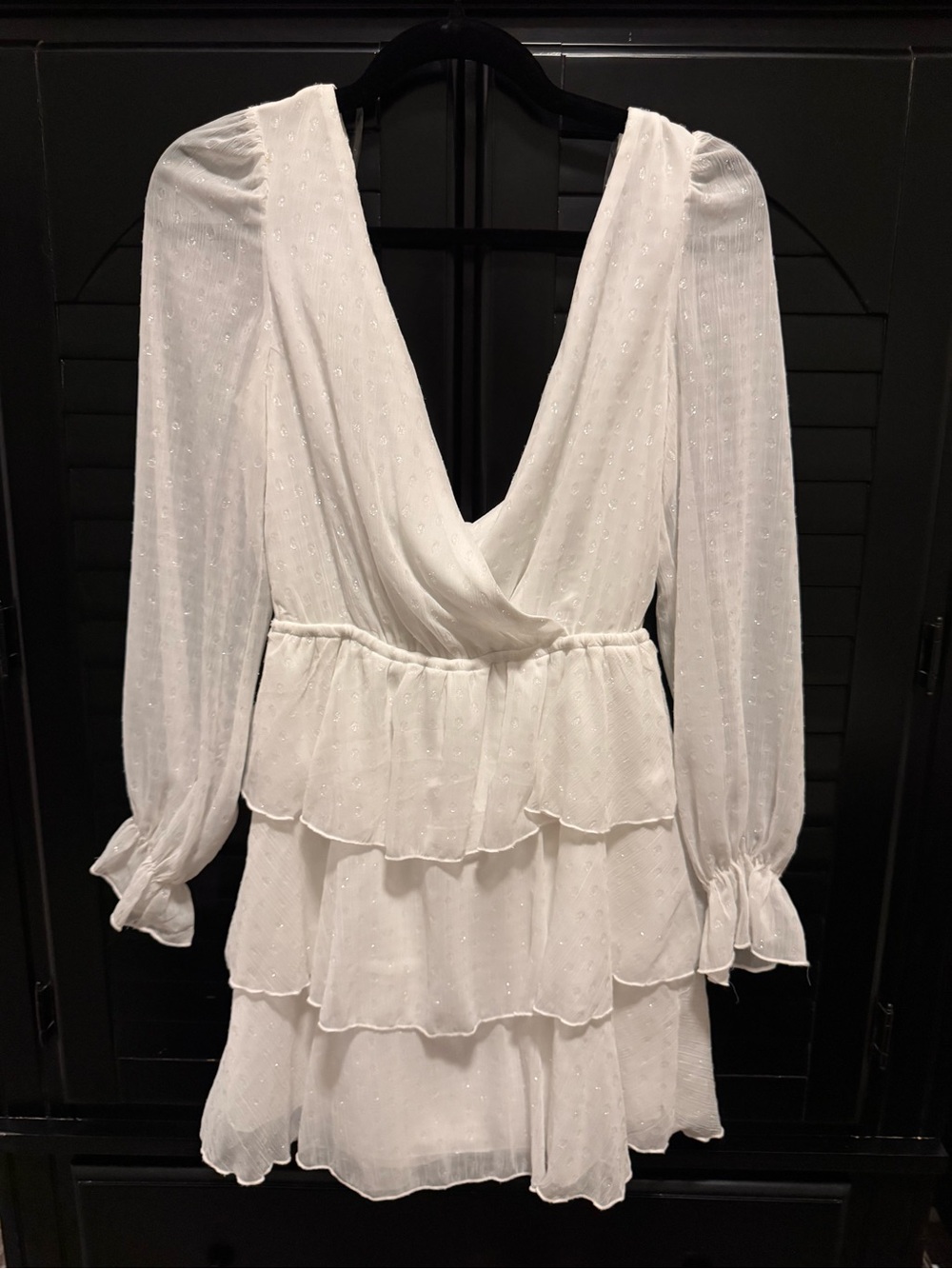 White Tiered Long-Sleeve V-Neck Dress